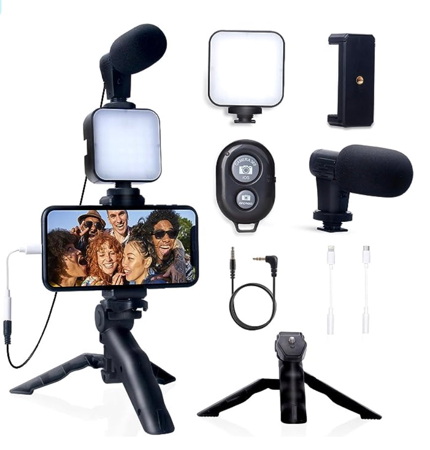 "Enhance Your Content Creation with the Ultimate YouTube Starter Kit: High-Quality Microphone, Wireless Remote, Adjustable Tripod, and LED Lighting for Stunning Videos!"