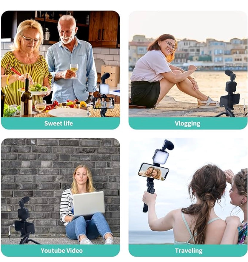 "Enhance Your Content Creation with the Ultimate YouTube Starter Kit: High-Quality Microphone, Wireless Remote, Adjustable Tripod, and LED Lighting for Stunning Videos!"