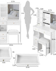 29.2” Small Space Vanity Table with Left Drawer, Cushioned Stool & Extra-Large Right Sliding Mirror, Multi-Layer High-Capacity Storage Desktop Dresser
