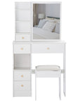 29.2” Small Space Vanity Table with Left Drawer, Cushioned Stool & Extra-Large Right Sliding Mirror, Multi-Layer High-Capacity Storage Desktop Dresser