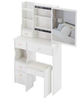 29.2” Small Space Vanity Table with Left Drawer, Cushioned Stool & Extra-Large Right Sliding Mirror, Multi-Layer High-Capacity Storage Desktop Dresser