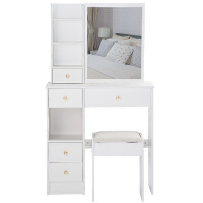 29.2” Small Space Vanity Table with Left Drawer, Cushioned Stool &amp; Extra-Large Right Sliding Mirror, Multi-Layer High-Capacity Storage Desktop Dresser
