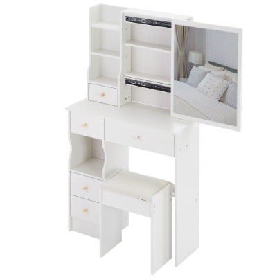 29.2” Small Space Vanity Table with Left Drawer, Cushioned Stool &amp; Extra-Large Right Sliding Mirror, Multi-Layer High-Capacity Storage Desktop Dresser