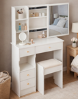 29.2” Small Space Vanity Table with Left Drawer, Cushioned Stool & Extra-Large Right Sliding Mirror, Multi-Layer High-Capacity Storage Desktop Dresser